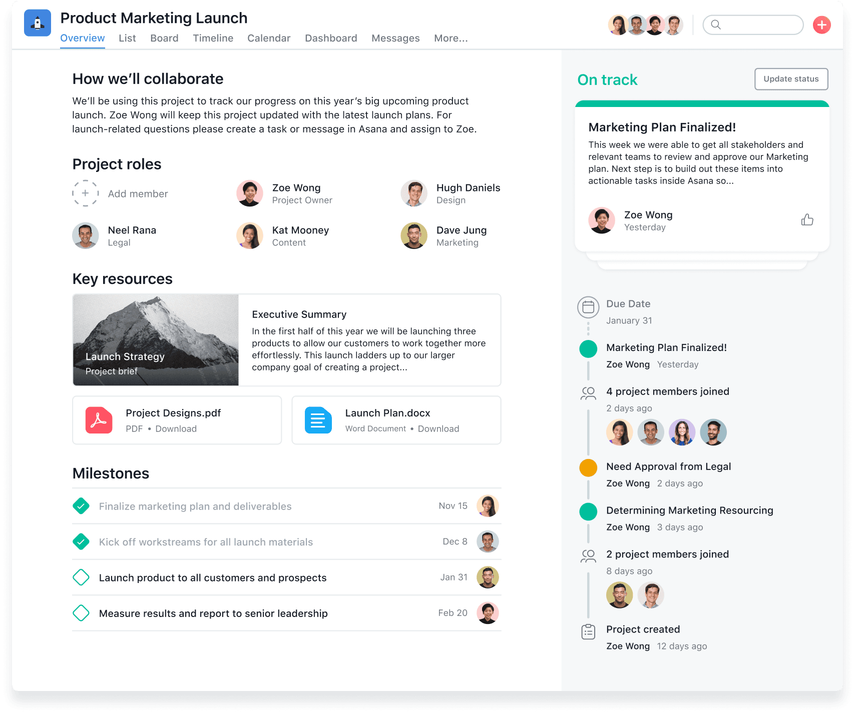 Visao geral de projeto no Asana com responsaveis, marcos e status geral