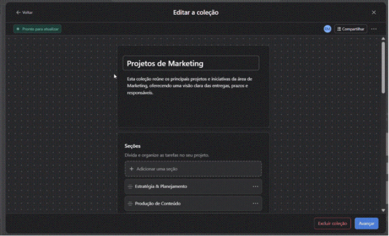 Modal 'Editar a coleção' no Asana mostrando nome, descrição e seções de uma coleção de projetos