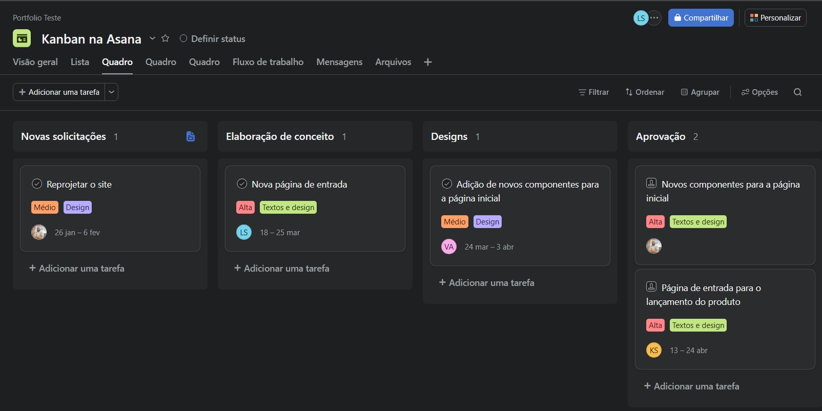 Quadro Kanban no Asana com tarefas organizadas por etapa do fluxo de trabalho