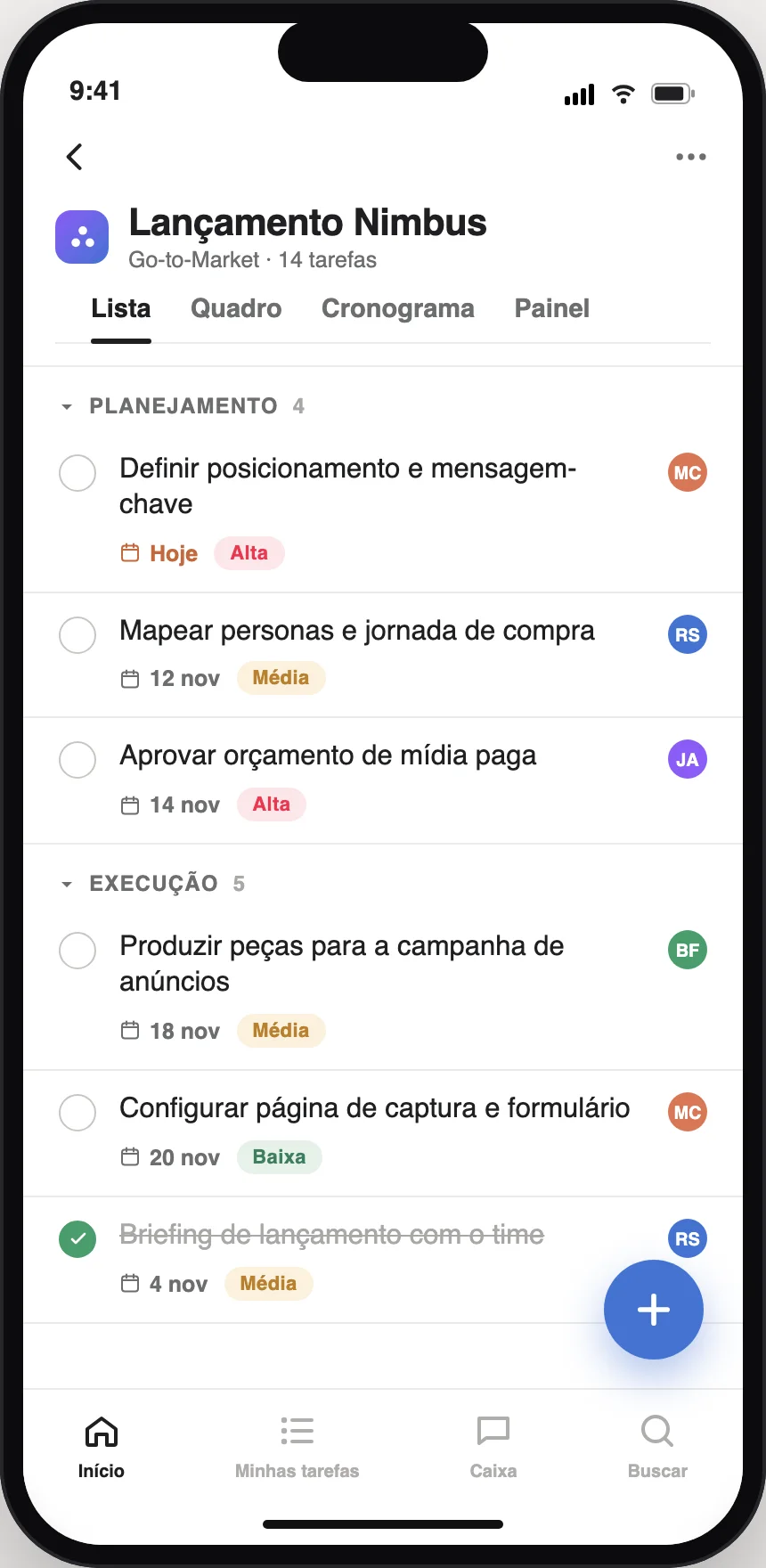 App mobile do Asana: lista Minhas tarefas do projeto no celular, com secoes, prioridade e datas