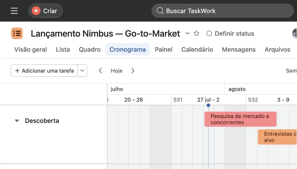 Cronograma no Asana: etapas do processo em linha do tempo