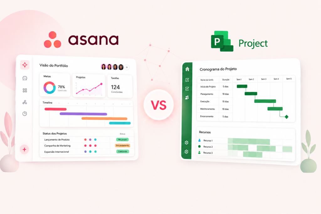 Comparison of Asana and Project (MS Project) dashboards with a large VS in the center on a pastel background, highlighting a vs-era comparison.