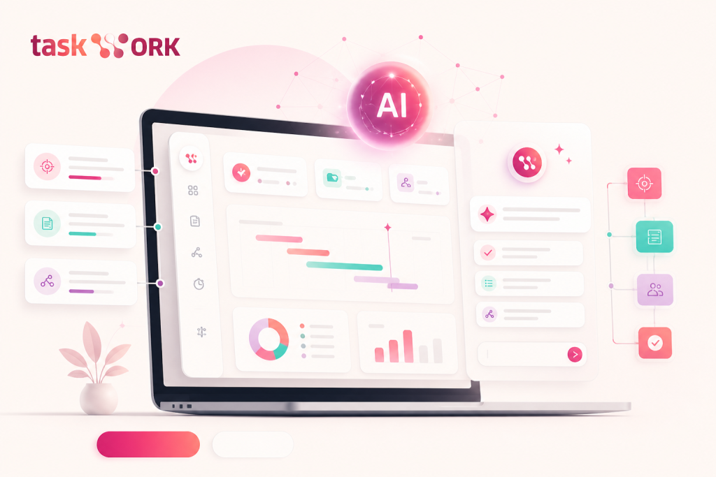 Open laptop displaying a colorful AI-powered project dashboard with floating panels and charts in pastel tones.