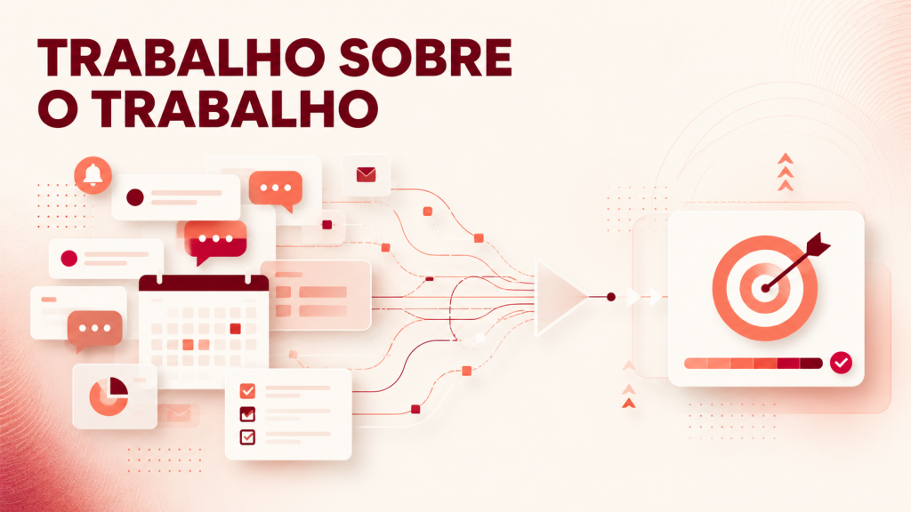 Ilustração editorial sobre o trabalho sobre o trabalho, mostrando notificações, reuniões e tarefas convergindo para uma meta estratégica